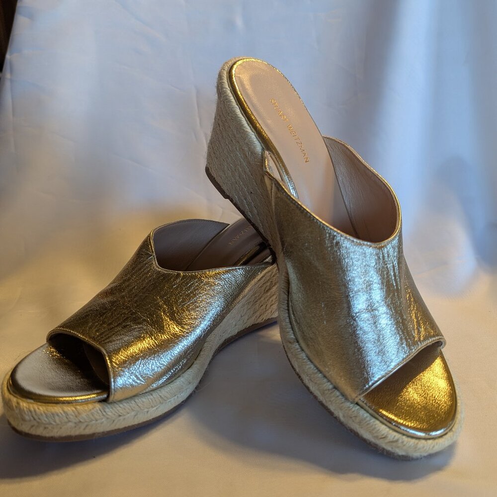 Stuart Weitzman Wonda Espadrille Gold Leather Wedge Sandal